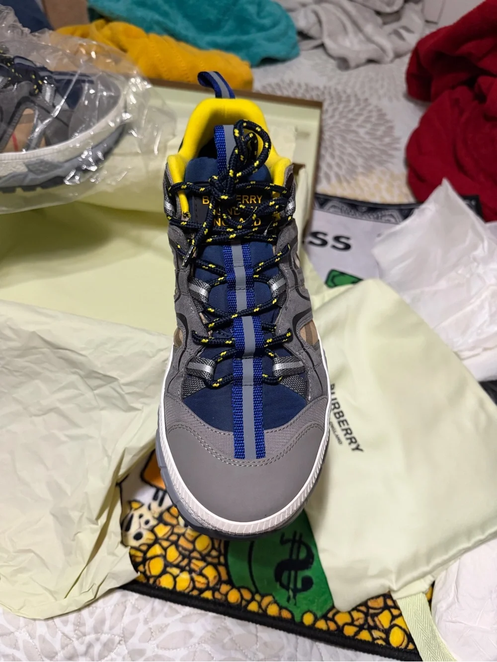 Burberry Grey and Blue Men's Trail Sneaker with Yellow Lining - Picture 2 of 5